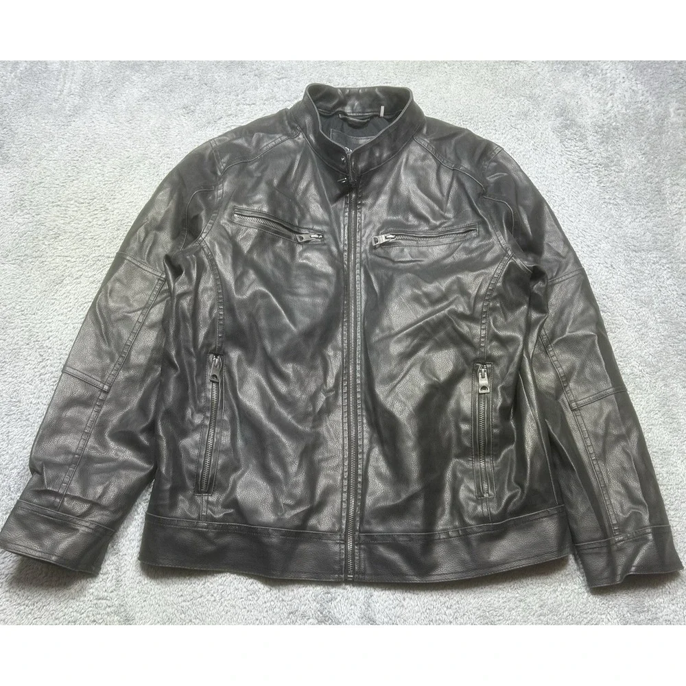 GUESS  Faux-Leather Jacket Men's L Black Moto Racer Coat Biker‎ Full Zip